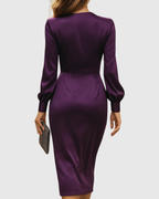Satin Wrap V-Neck Long-Sleeve Ruched Midi Occasion Dress