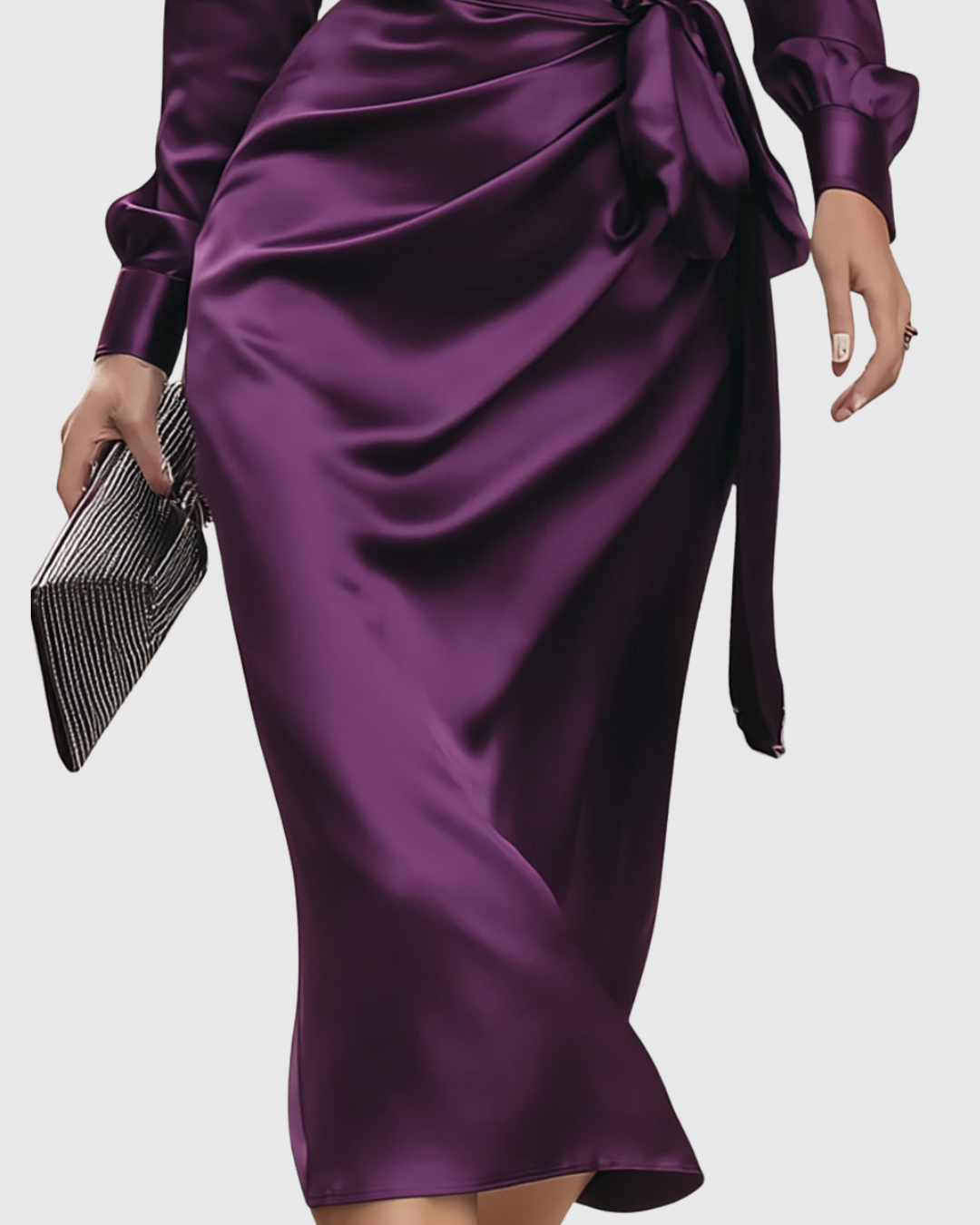 Satin Wrap V-Neck Long-Sleeve Ruched Midi Occasion Dress