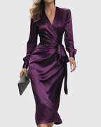 Satin Wrap V-Neck Long-Sleeve Ruched Midi Occasion Dress