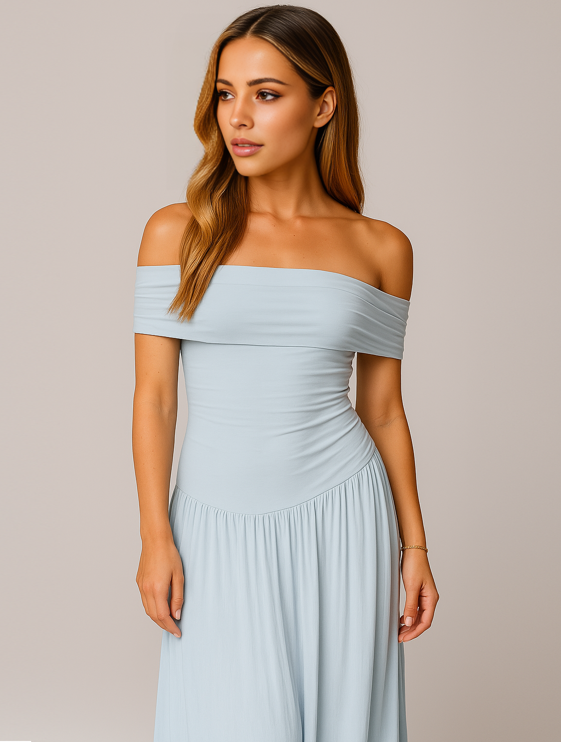 Off-Shoulder Band Pleated Skirt Maxi Wedding Guest Dress
