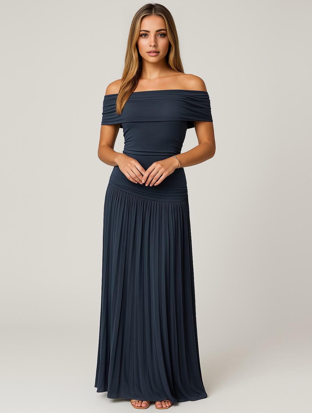 Off-Shoulder Band Pleated Skirt Maxi Wedding Guest Dress in Navy
