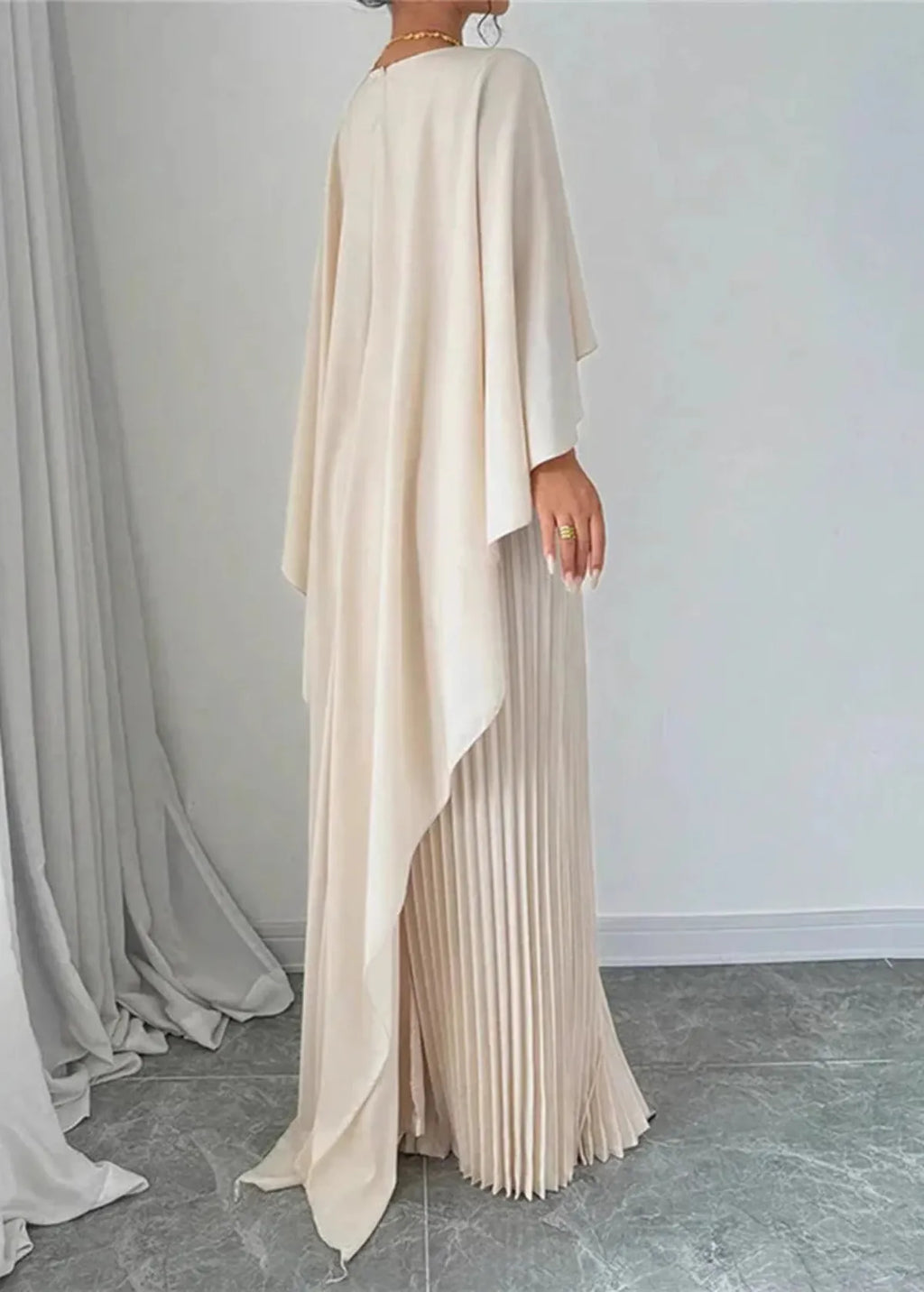 Draped Cape Overlay Pleated Maxi Wedding Guest Dress