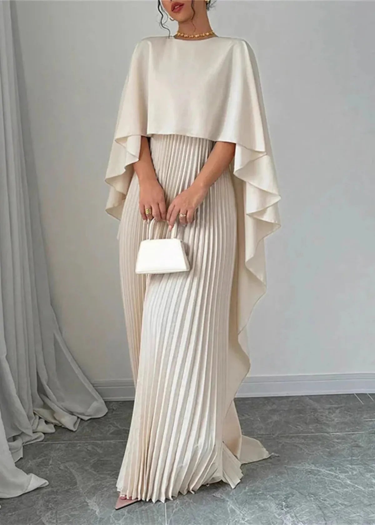 Draped Cape Overlay Pleated Maxi Wedding Guest Dress