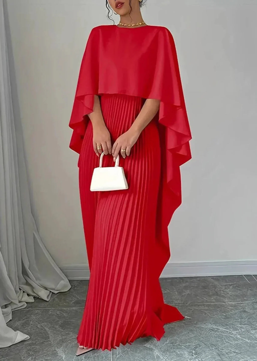 Draped Cape Overlay Pleated Maxi Wedding Guest Dress in Red
