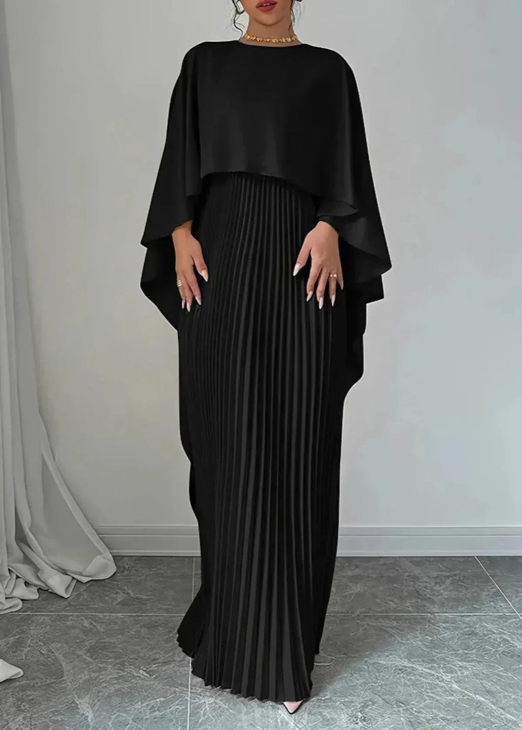 Draped Cape Overlay Pleated Maxi Wedding Guest Dress in Black
