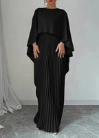 Draped Cape Overlay Pleated Maxi Wedding Guest Dress in Black