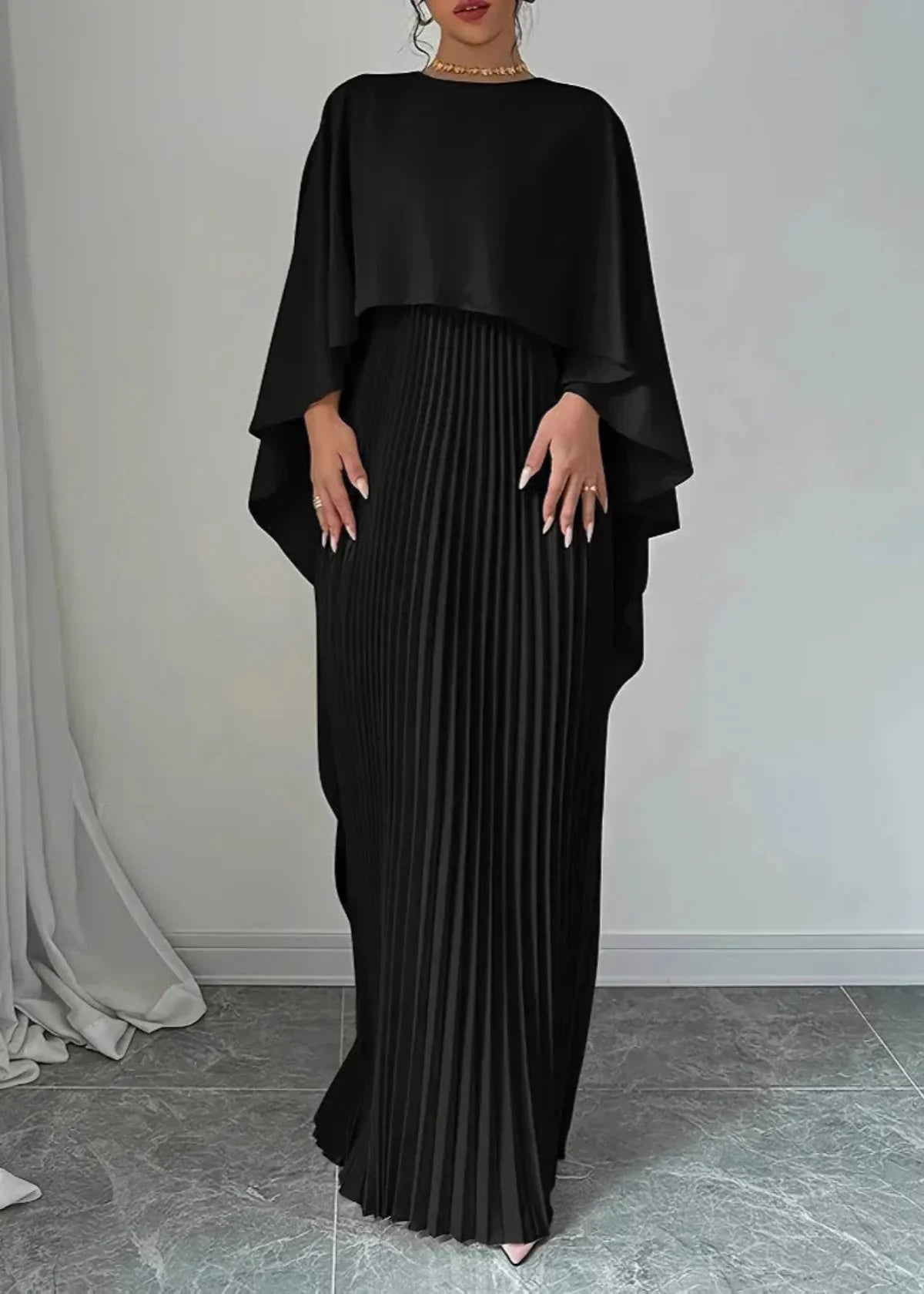 Draped Cape Overlay Pleated Maxi Wedding Guest Dress in Black