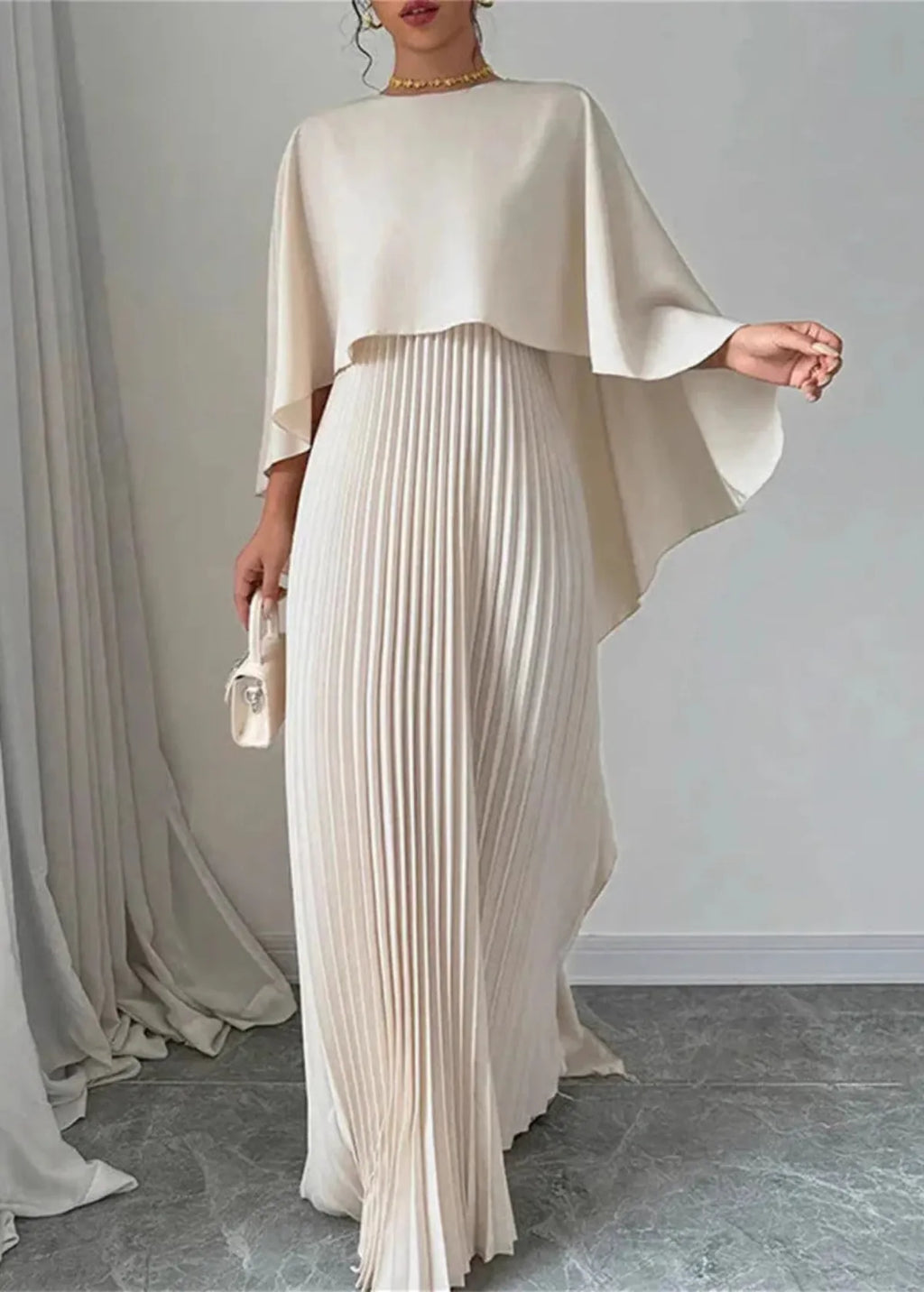 Draped Cape Overlay Pleated Maxi Wedding Guest Dress in Beige