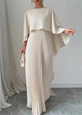 Draped Cape Overlay Pleated Maxi Wedding Guest Dress in Beige
