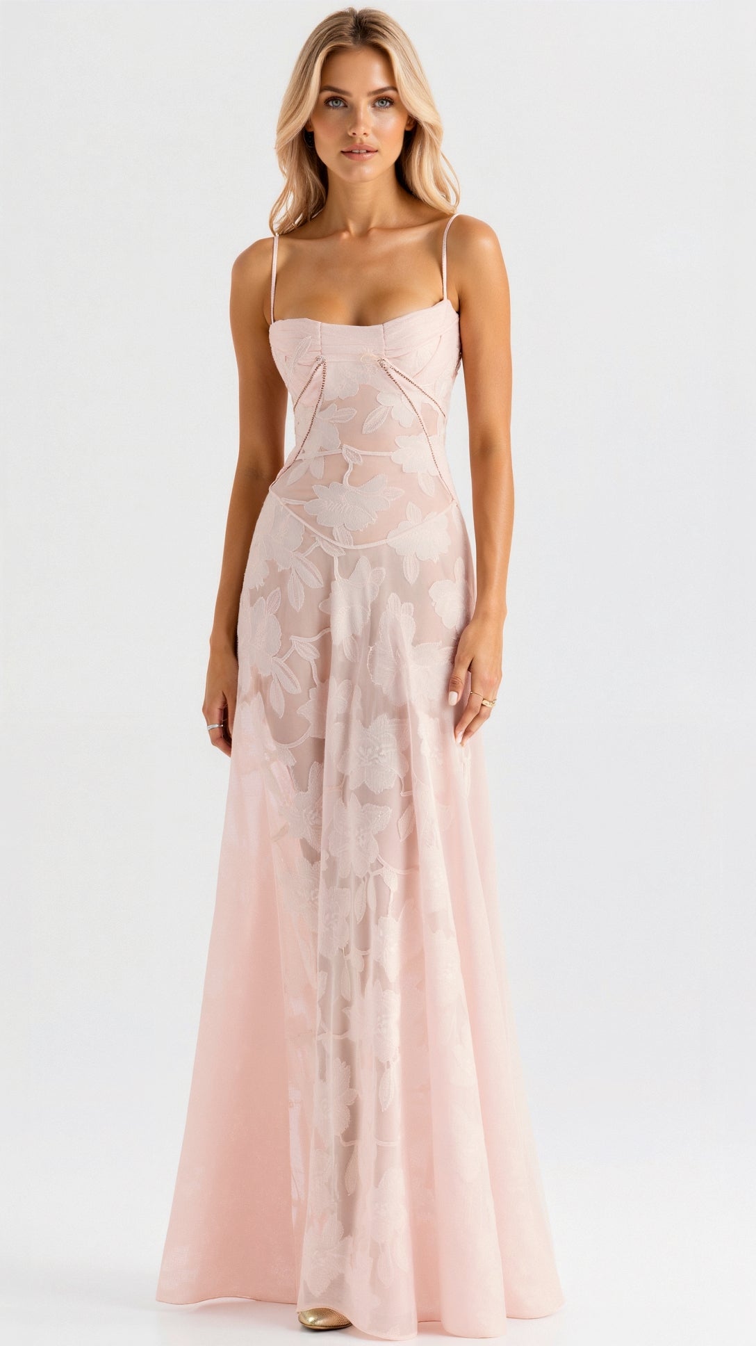 Bustier Corset-Back Floral Organza Maxi Wedding Guest Dress in Pink