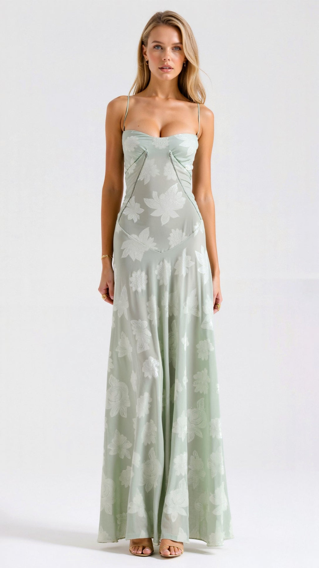 Bustier Corset-Back Floral Organza Maxi Wedding Guest Dress in Gree