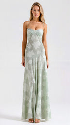 Bustier Corset-Back Floral Organza Maxi Wedding Guest Dress in Gree