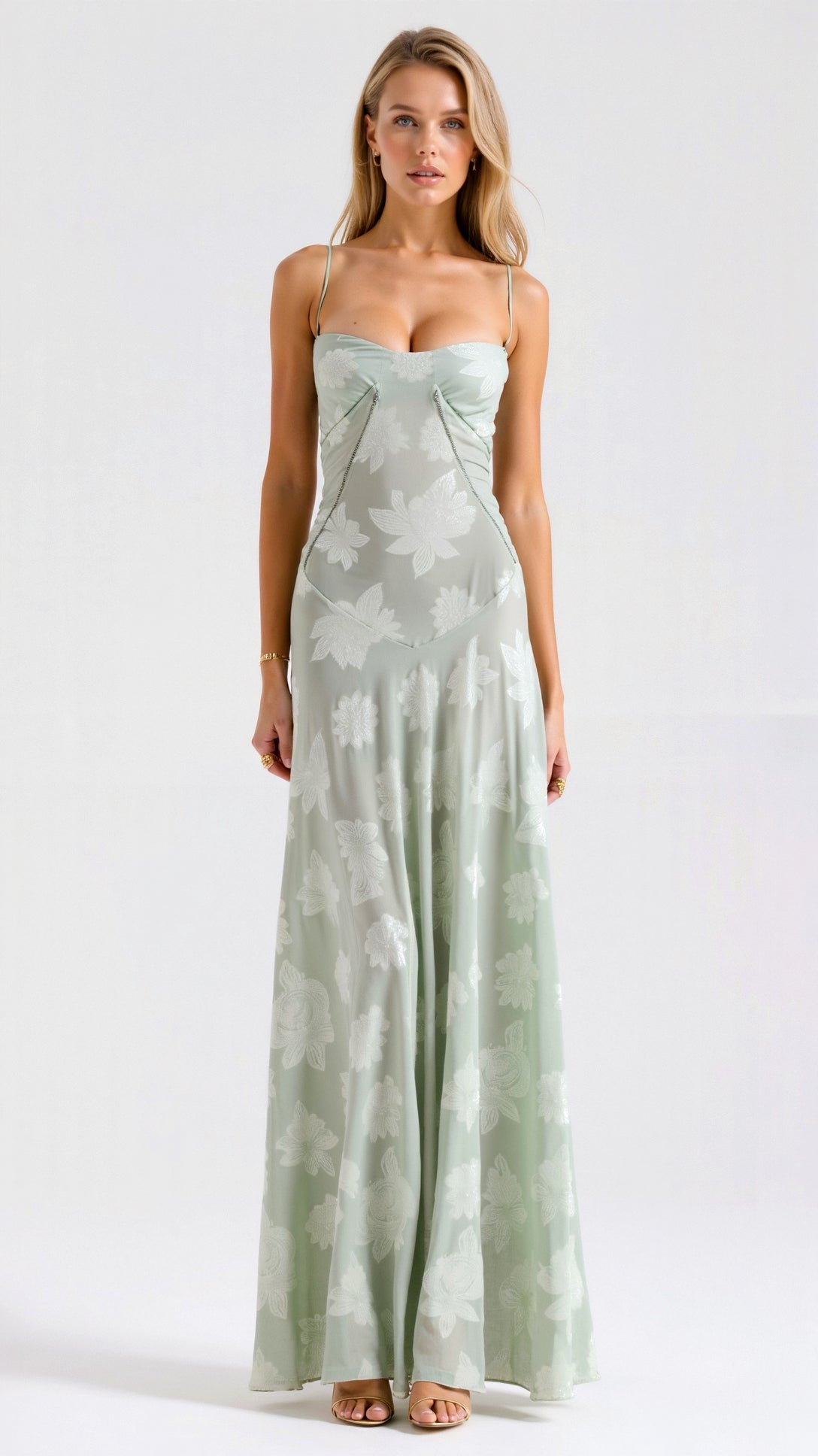 Bustier Corset-Back Floral Organza Maxi Wedding Guest Dress in Gree