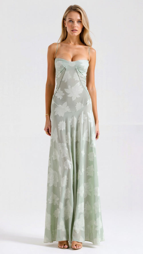 Bustier Corset-Back Floral Organza Maxi Wedding Guest Dress in Gree