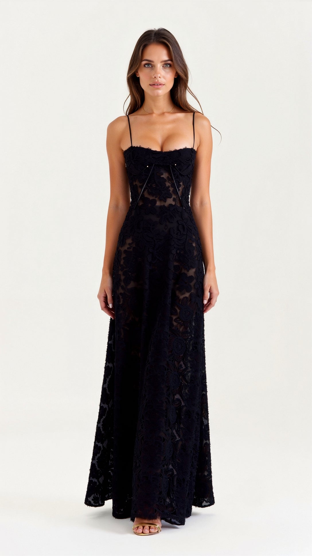 Bustier Corset-Back Floral Organza Maxi Wedding Guest Dress in Black