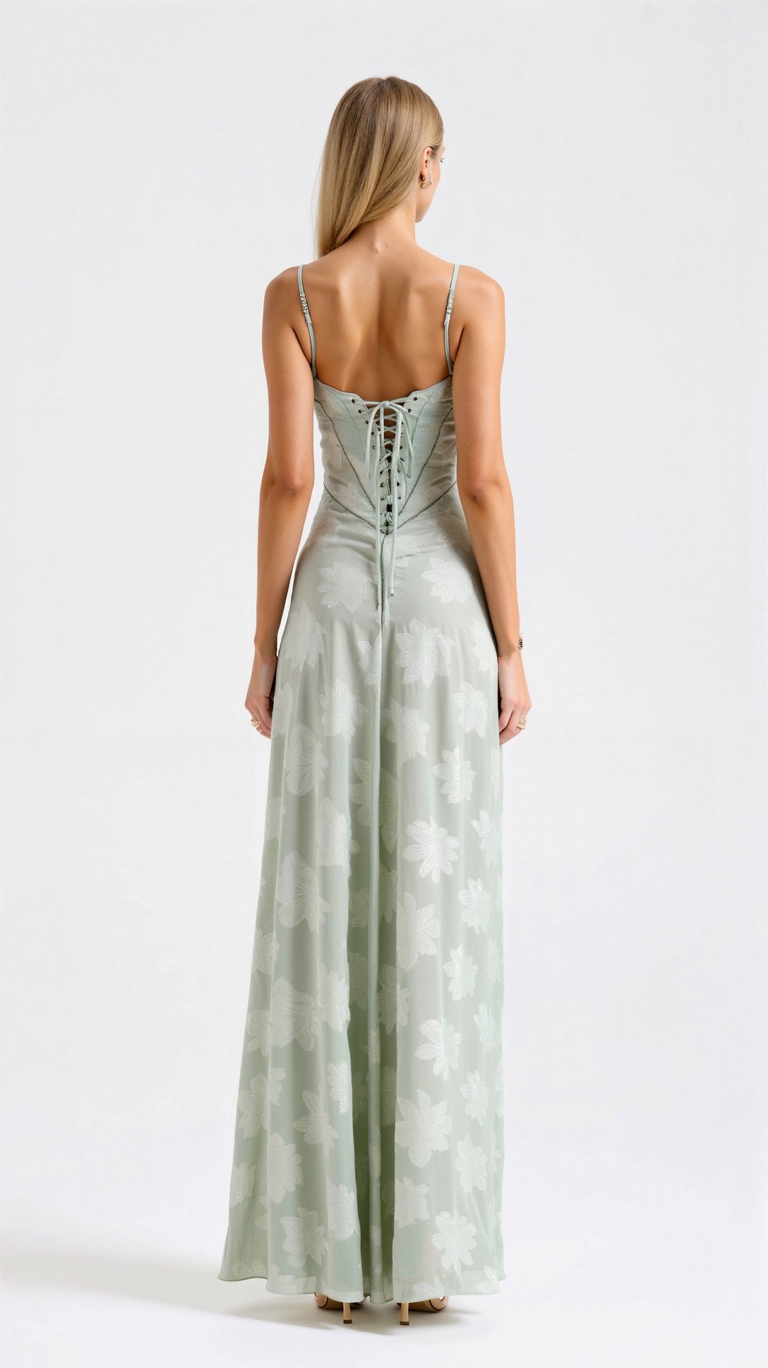 Bustier Corset-Back Floral Organza Maxi Wedding Guest Dress