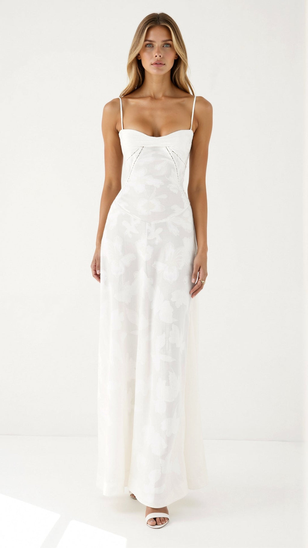 Bustier Corset-Back Floral Organza Maxi Wedding Guest Dress in White