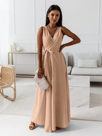 V-Neck Wrap Bodice Belted Maxi Wedding Guest Dress in Khak