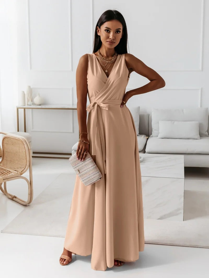 V-Neck Wrap Bodice Belted Maxi Wedding Guest Dress in Khak