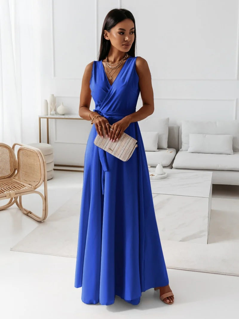 V-Neck Wrap Bodice Belted Maxi Wedding Guest Dress in Blue