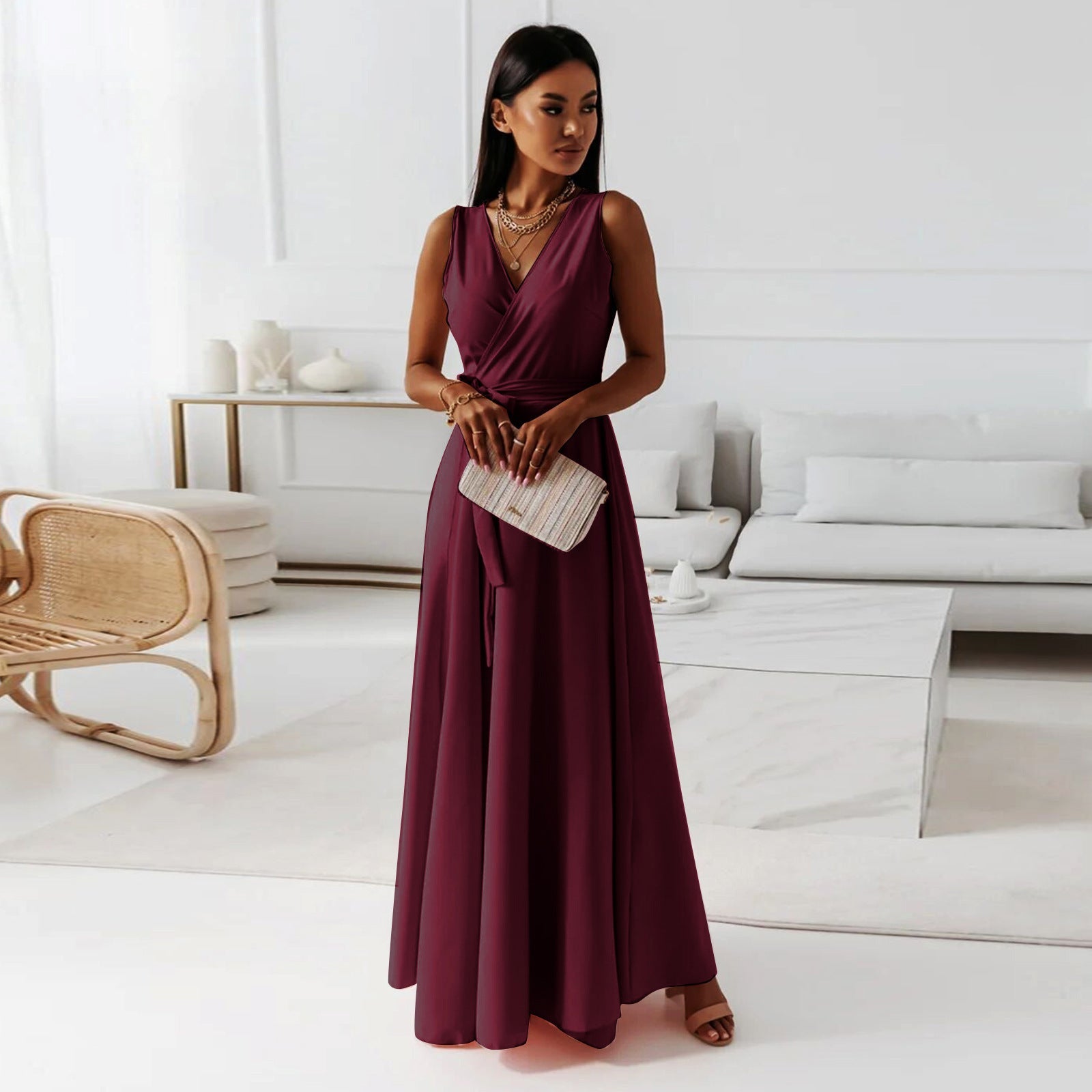 V-Neck Wrap Bodice Belted Maxi Wedding Guest Dress in Burgundy