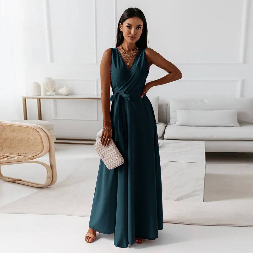 V-Neck Wrap Bodice Belted Maxi Wedding Guest Dress in Dark Gree