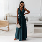 V-Neck Wrap Bodice Belted Maxi Wedding Guest Dress in Dark Gree