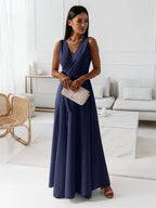 V-Neck Wrap Bodice Belted Maxi Wedding Guest Dress in Navy