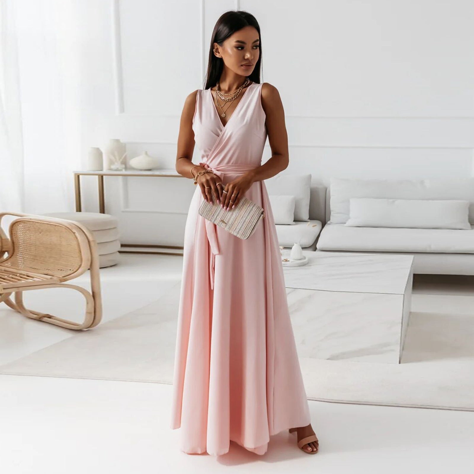 V-Neck Wrap Bodice Belted Maxi Wedding Guest Dress in Pale Pink