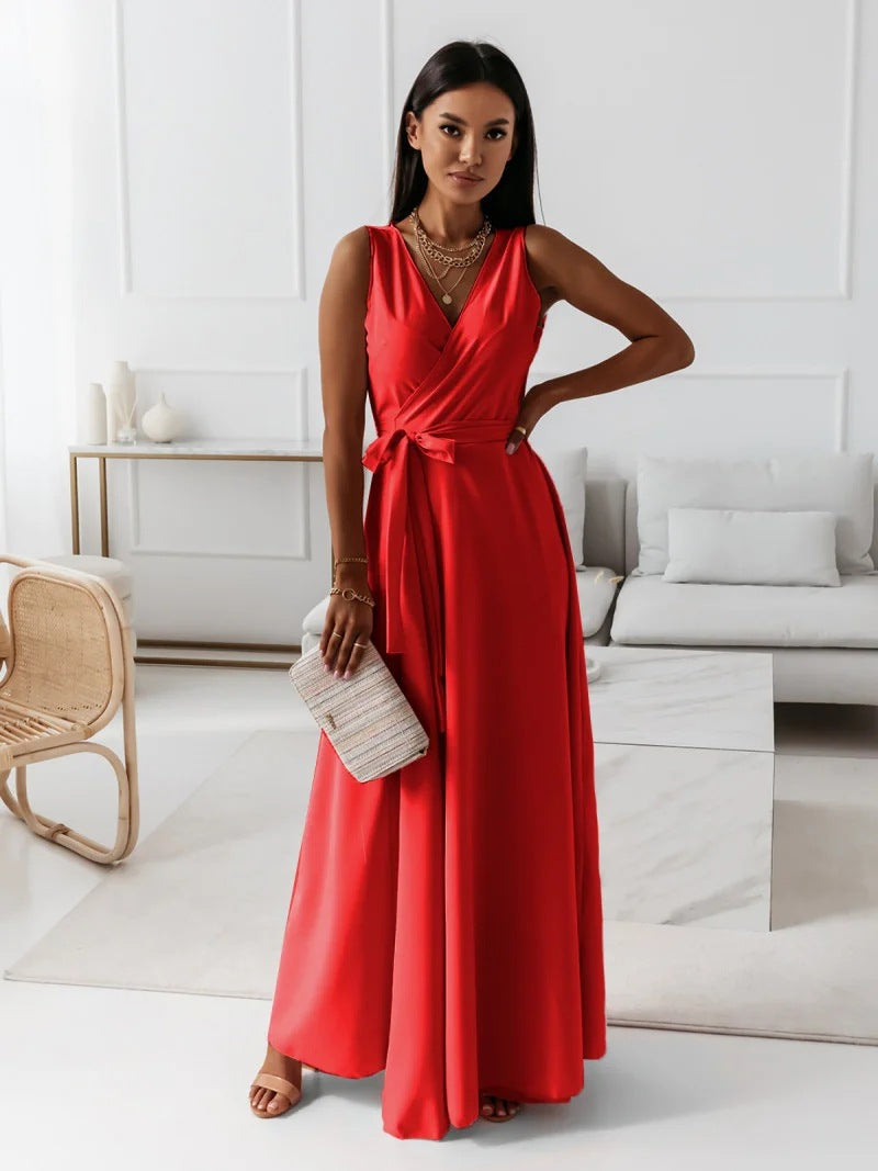 V-Neck Wrap Bodice Belted Maxi Wedding Guest Dress in Red