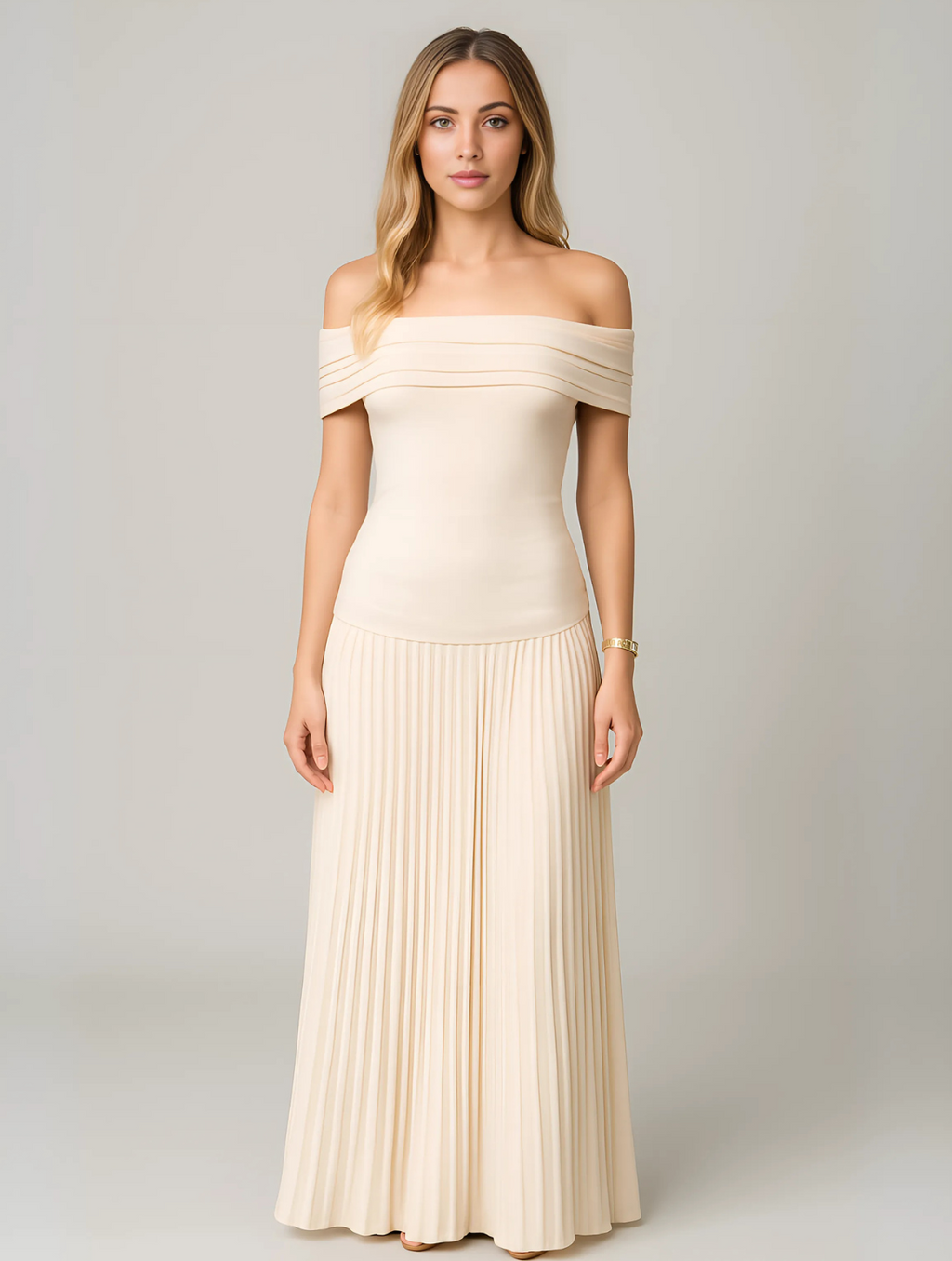 Off-Shoulder Band Pleated Skirt Maxi Wedding Guest Dress in Beige