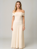 Off-Shoulder Band Pleated Skirt Maxi Wedding Guest Dress in Beige