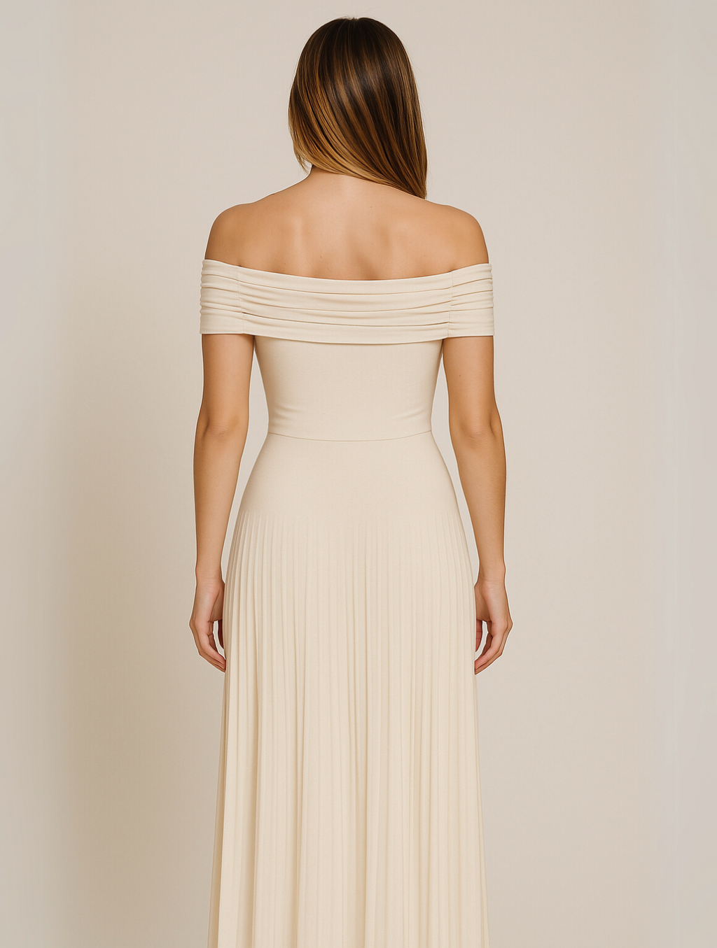 Off-Shoulder Band Pleated Skirt Maxi Wedding Guest Dress