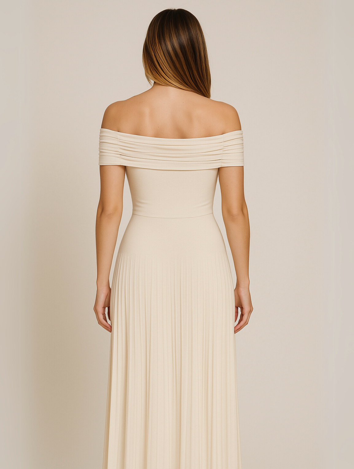Off-Shoulder Band Pleated Skirt Maxi Wedding Guest Dress