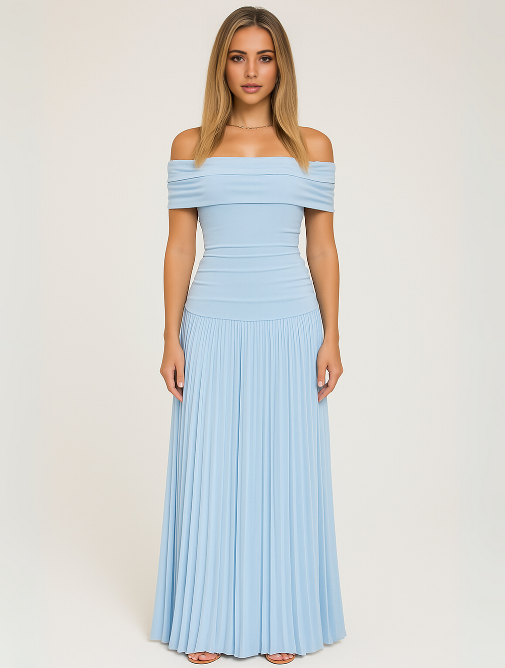Off-Shoulder Band Pleated Skirt Maxi Wedding Guest Dress in Light Blue