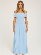 Off-Shoulder Band Pleated Skirt Maxi Wedding Guest Dress in Light Blue