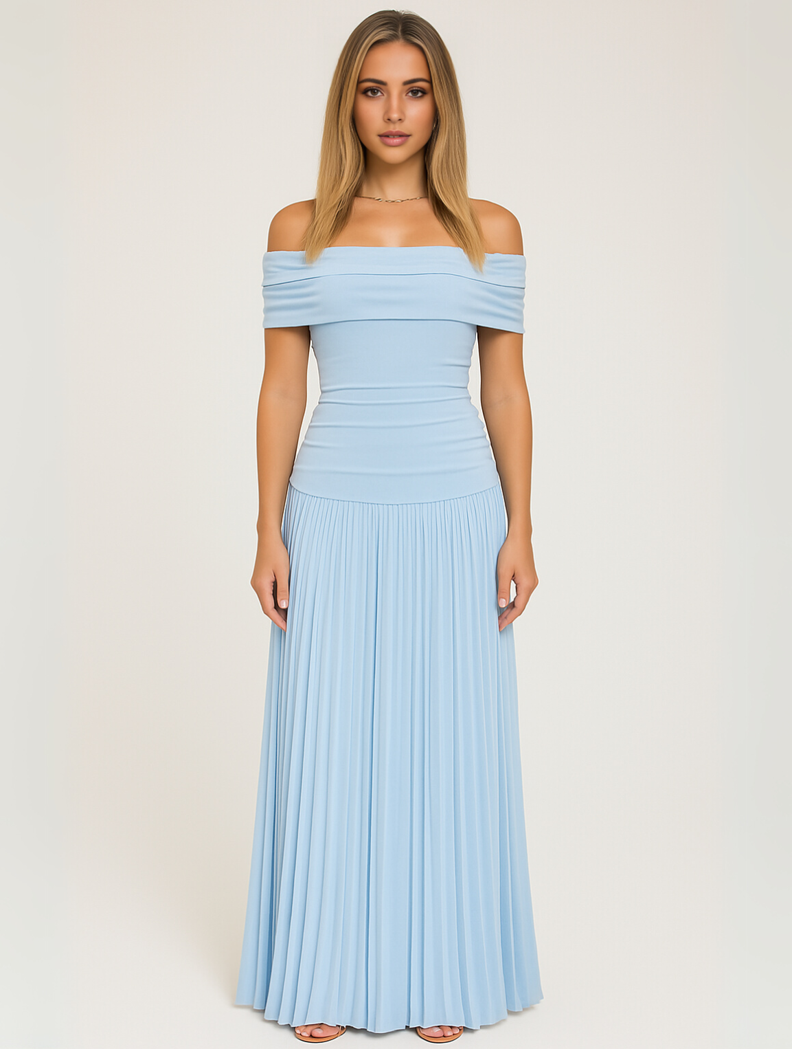 Off-Shoulder Band Pleated Skirt Maxi Wedding Guest Dress in Light Blue