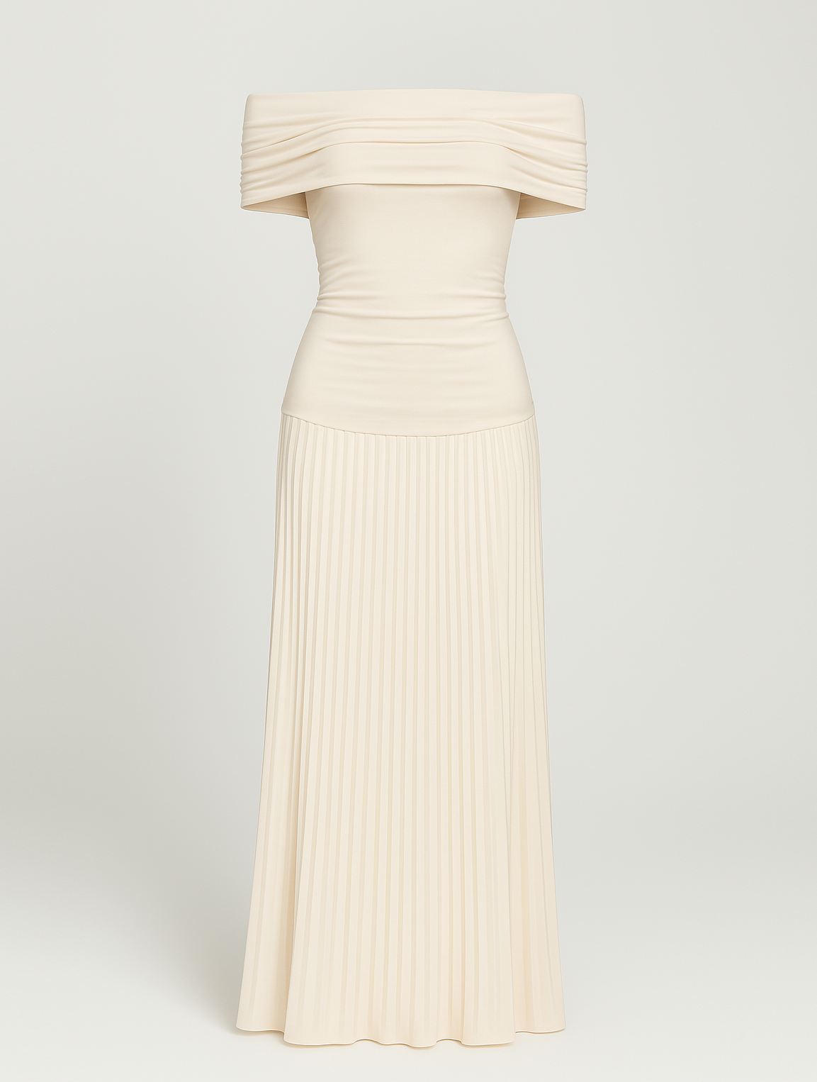 Off-Shoulder Band Pleated Skirt Maxi Wedding Guest Dress