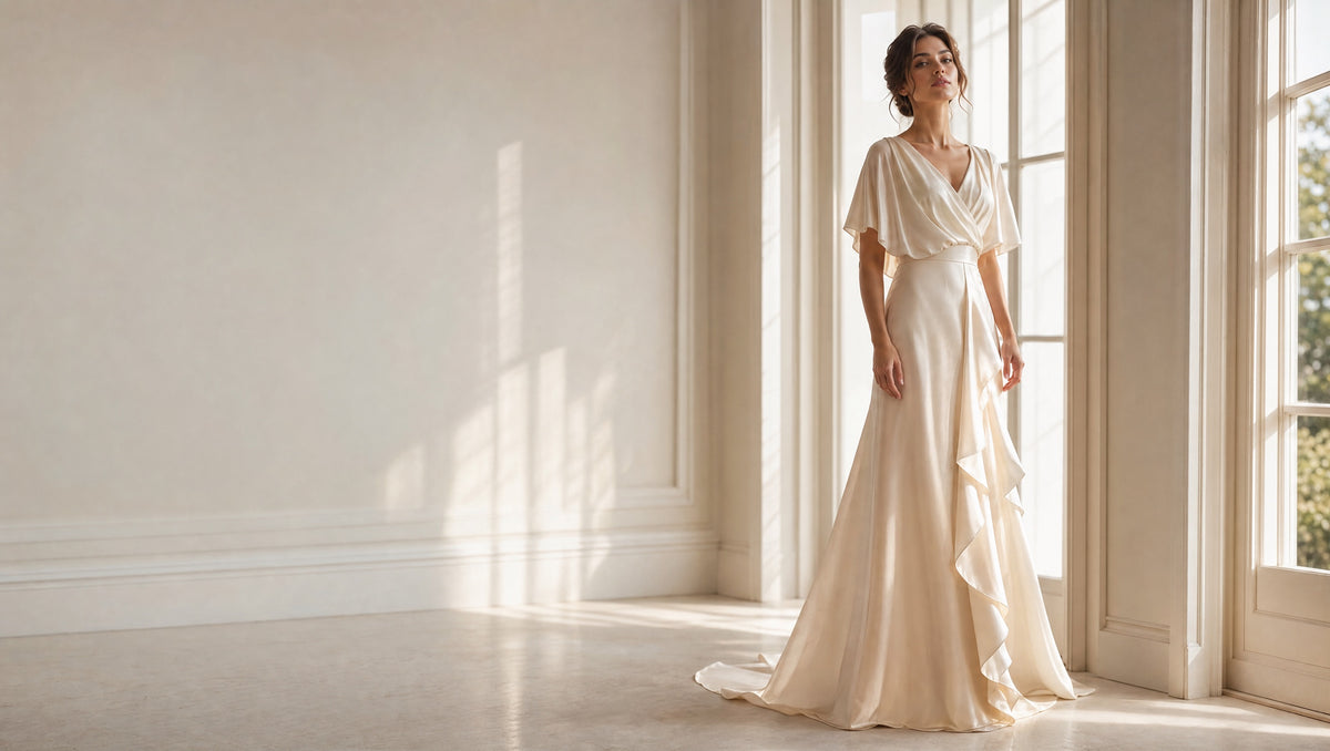 Woman in a flowing champagne occasion dress in a bright, high-ceilinged interior - Averose brand hero image