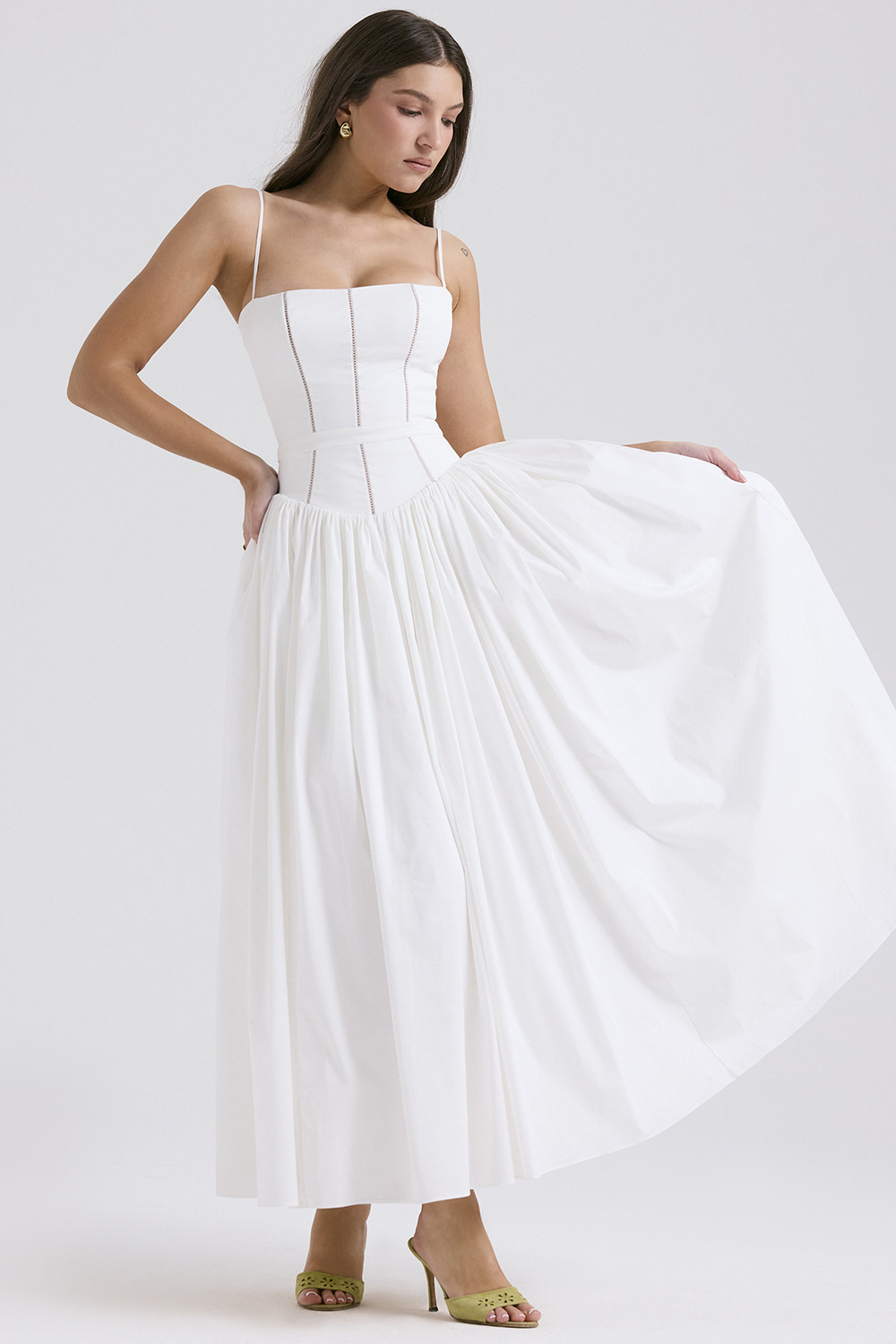 Corset Bodice Full-Skirt Midi Wedding Guest Dress with Pockets in White