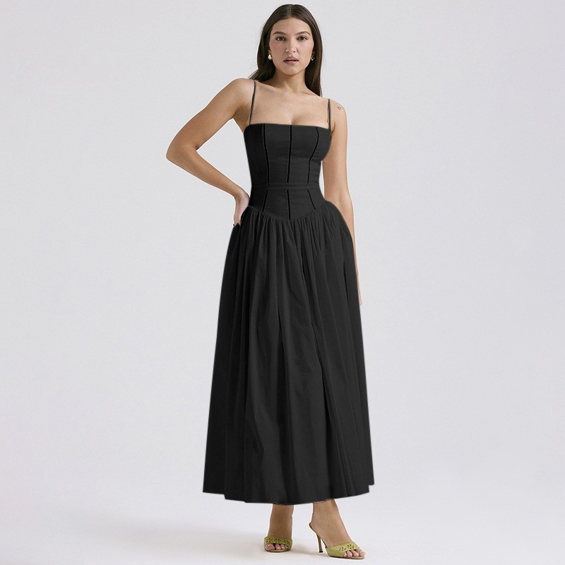 Corset Bodice Full-Skirt Midi Wedding Guest Dress with Pockets in Black