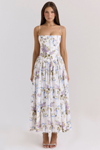 Corset Bodice Full-Skirt Midi Wedding Guest Dress with Pockets in Lilac Bouquet Floral