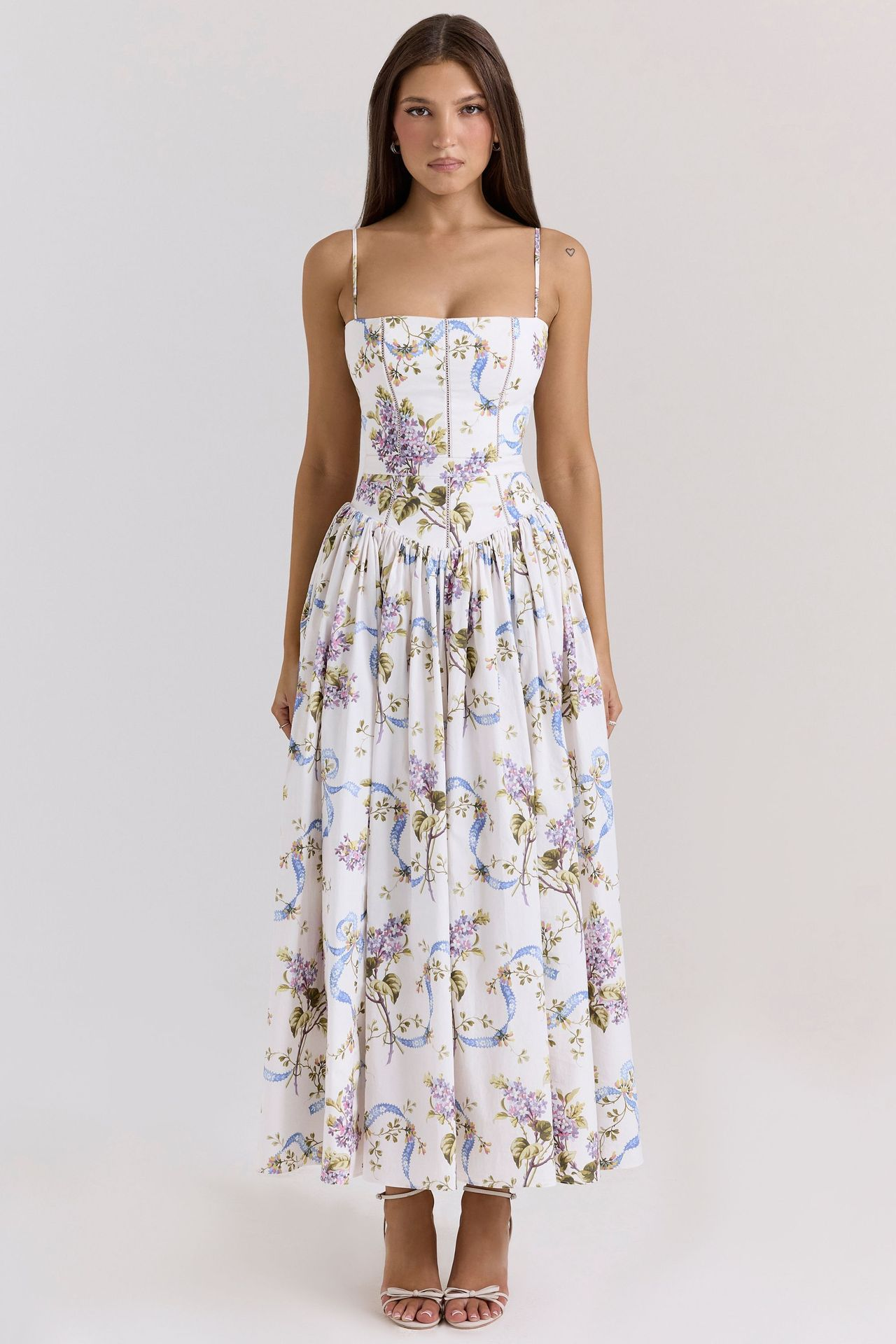 Corset Bodice Full-Skirt Midi Wedding Guest Dress with Pockets in Lilac Bouquet Floral