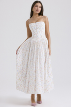 Corset Bodice Full-Skirt Midi Wedding Guest Dress with Pockets in Ivory Ditsy Floral