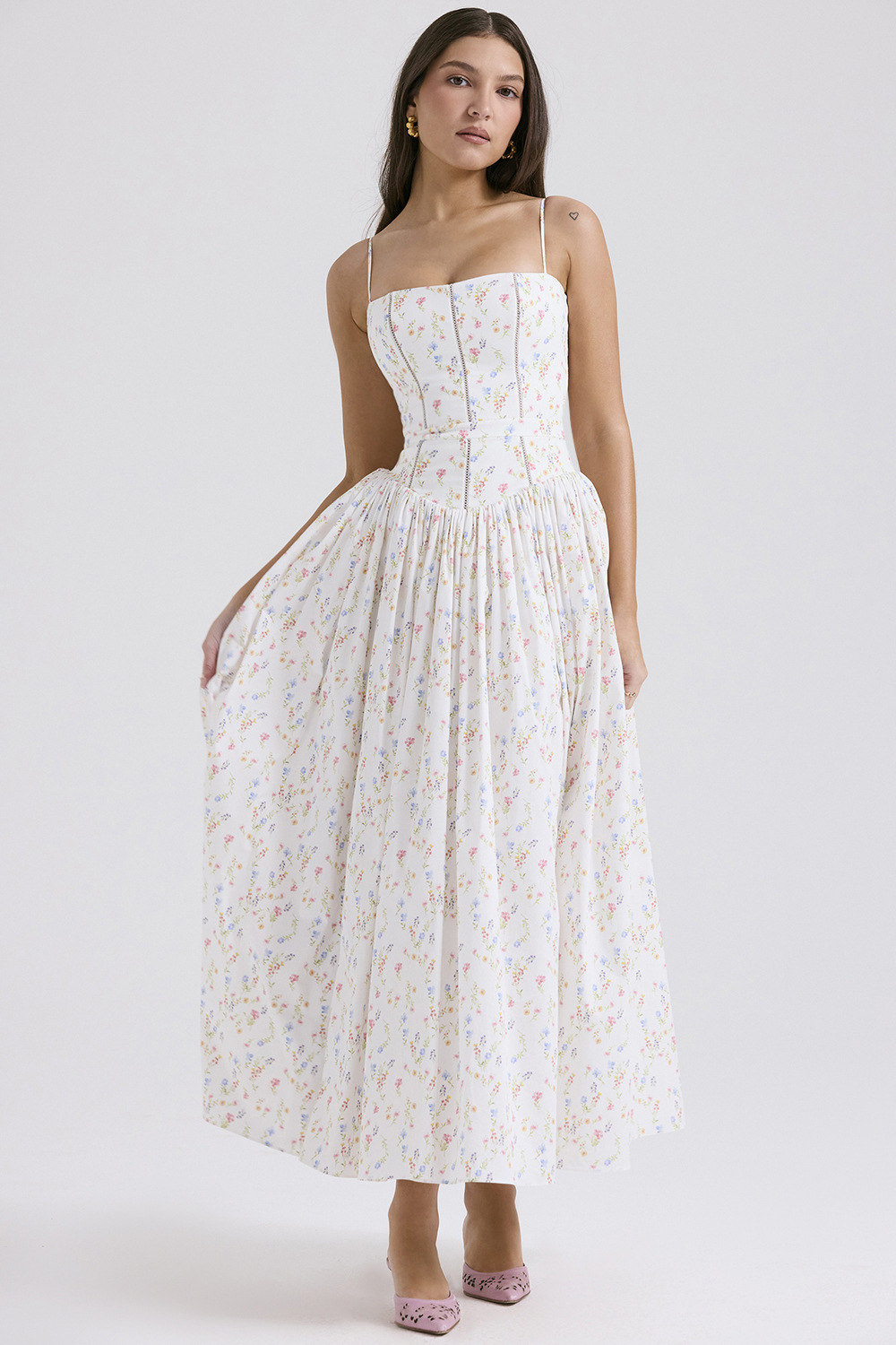 Corset Bodice Full-Skirt Midi Wedding Guest Dress with Pockets in Ivory Ditsy Floral