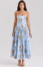 Corset Bodice Full-Skirt Midi Wedding Guest Dress with Pockets in Blue Floral