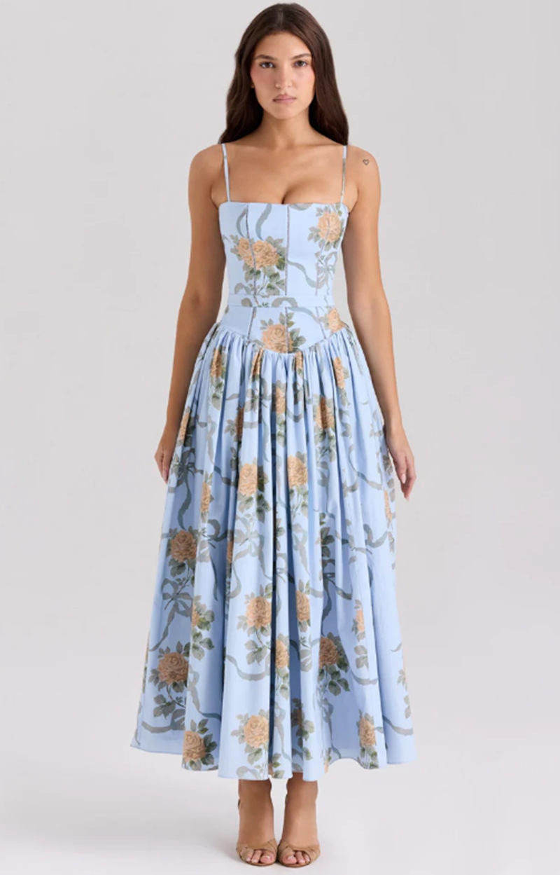 Corset Bodice Full-Skirt Midi Wedding Guest Dress with Pockets in Blue Floral