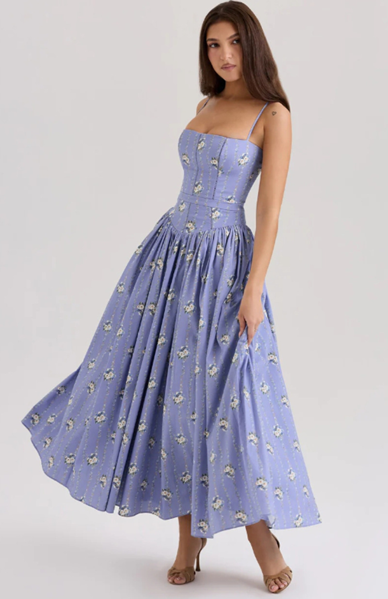Corset Bodice Full-Skirt Midi Wedding Guest Dress with Pockets in Lilac Ditsy Floral
