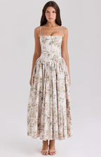 Corset Bodice Full-Skirt Midi Wedding Guest Dress with Pockets in Sage Floral