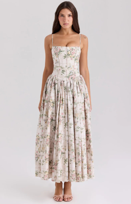 Corset Bodice Full-Skirt Midi Wedding Guest Dress with Pockets in Sage Floral